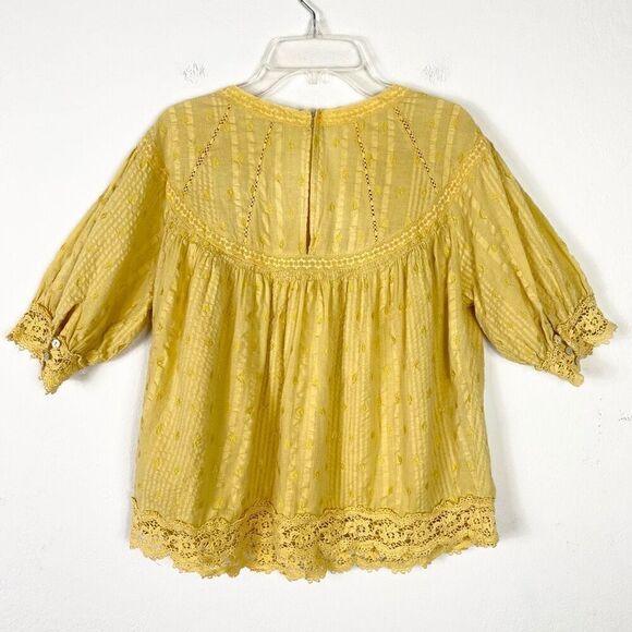 Love Shack Fancy Robin Yellow Boho Embroidered Yoked Crochet Lace Trim Blouse XS - Picture 3 of 8